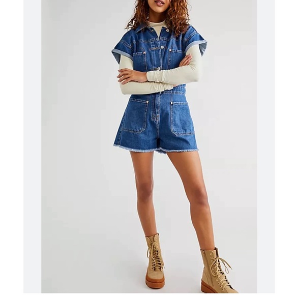 Free People Pants - Free People Work Hard Play Harder Denim Romper Medium